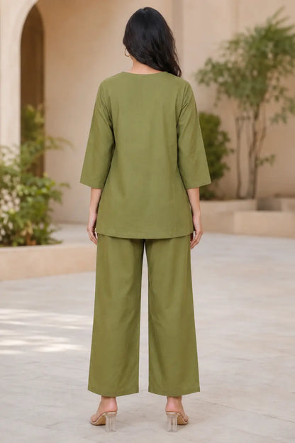 Back view of Rabric olive green solid cotton co-ord set with relaxed fit top and wide pajama for women