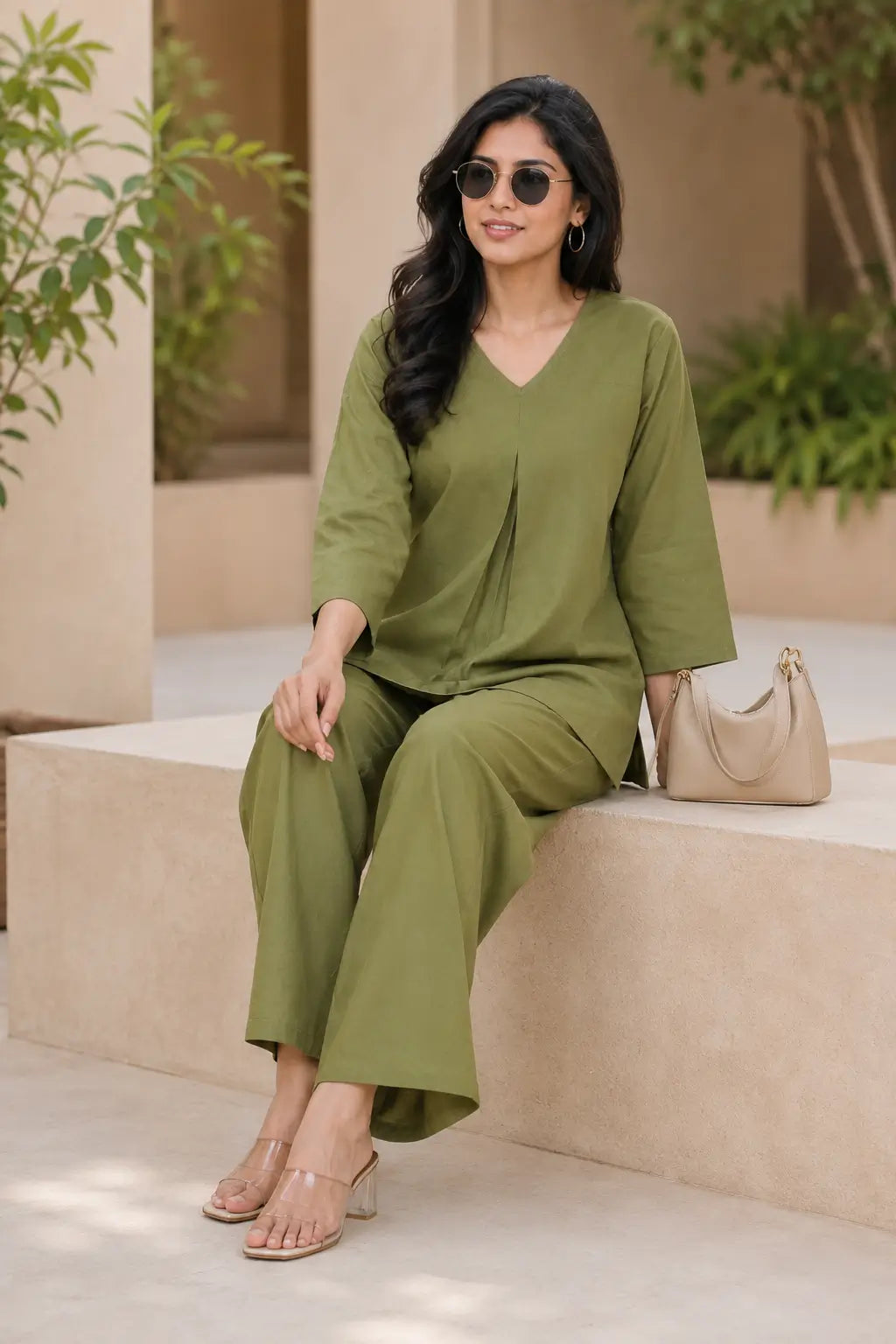 Sitting pose lifestyle image of Rabric olive green solid cotton co-ord set with V-neck front pleat top and wide pajama