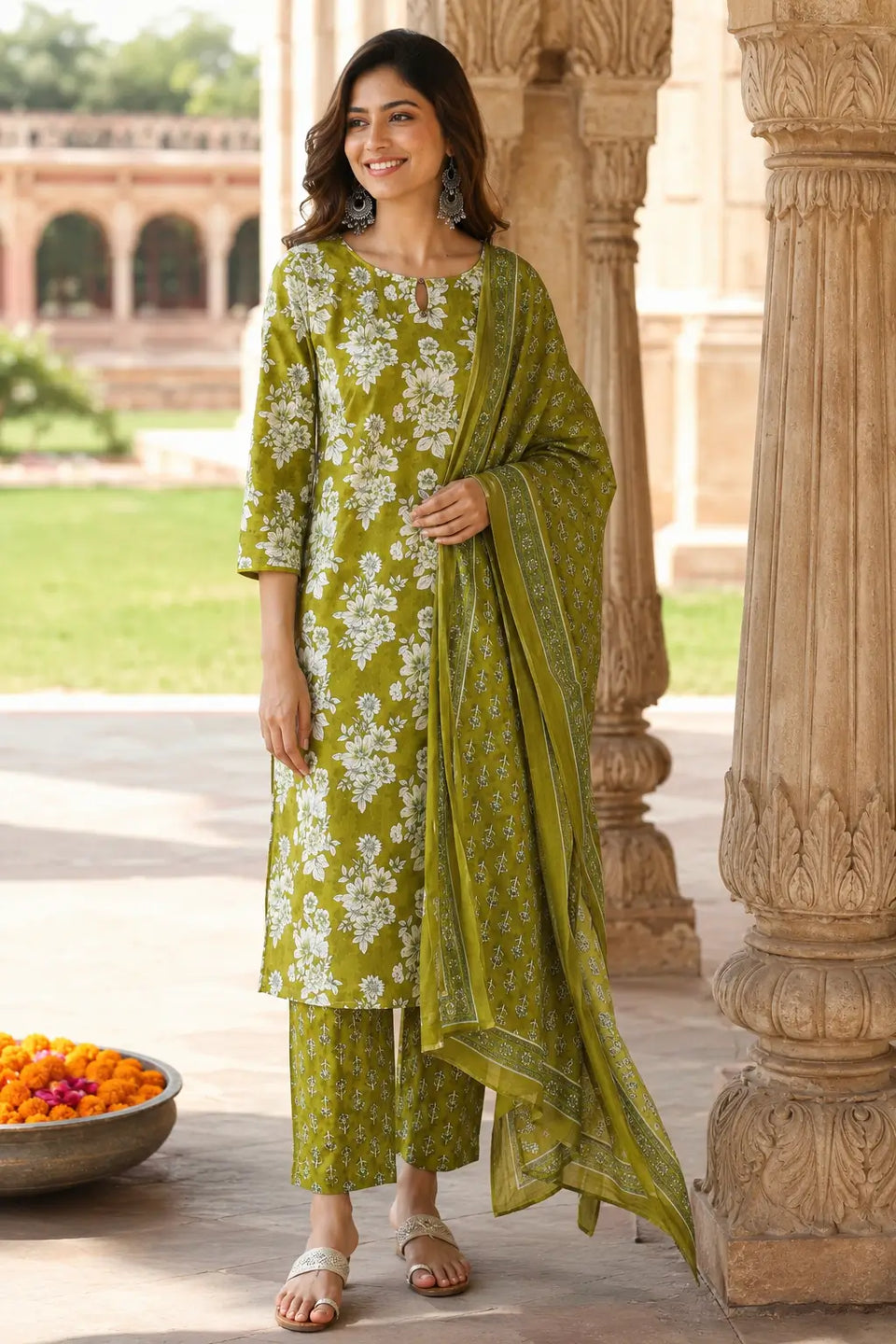 Woman wearing Rabric olive green cotton floral kurta pant set with dupatta lifestyle look