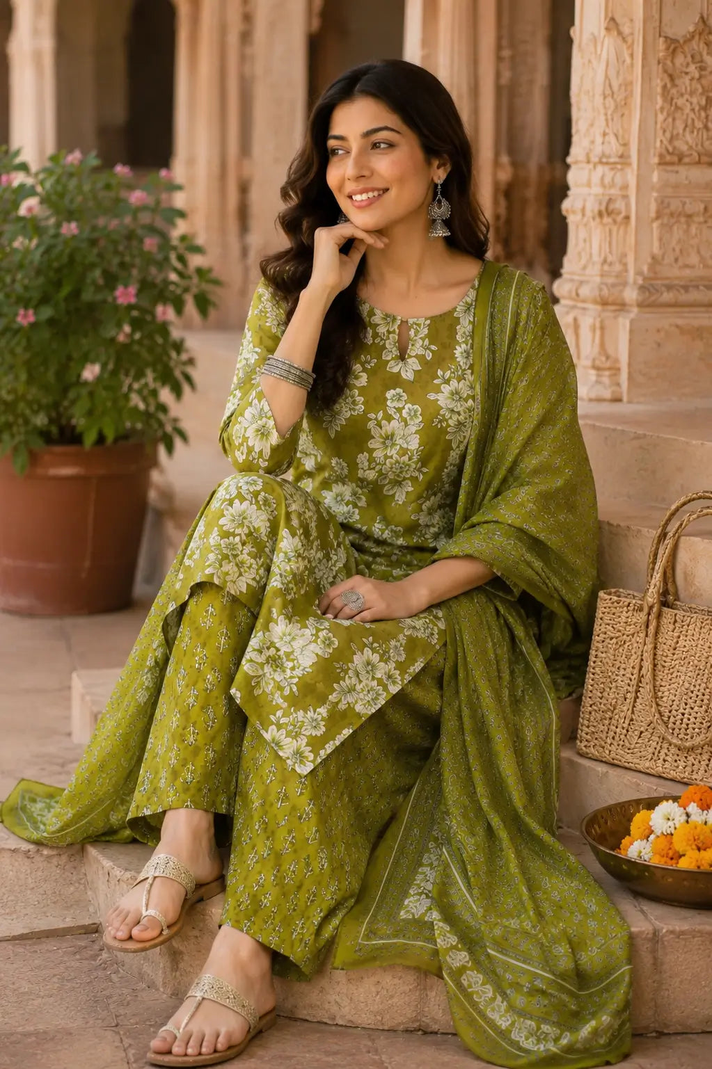 Rabric olive green cotton floral printed kurta pant set with dupatta in casual sitting pose