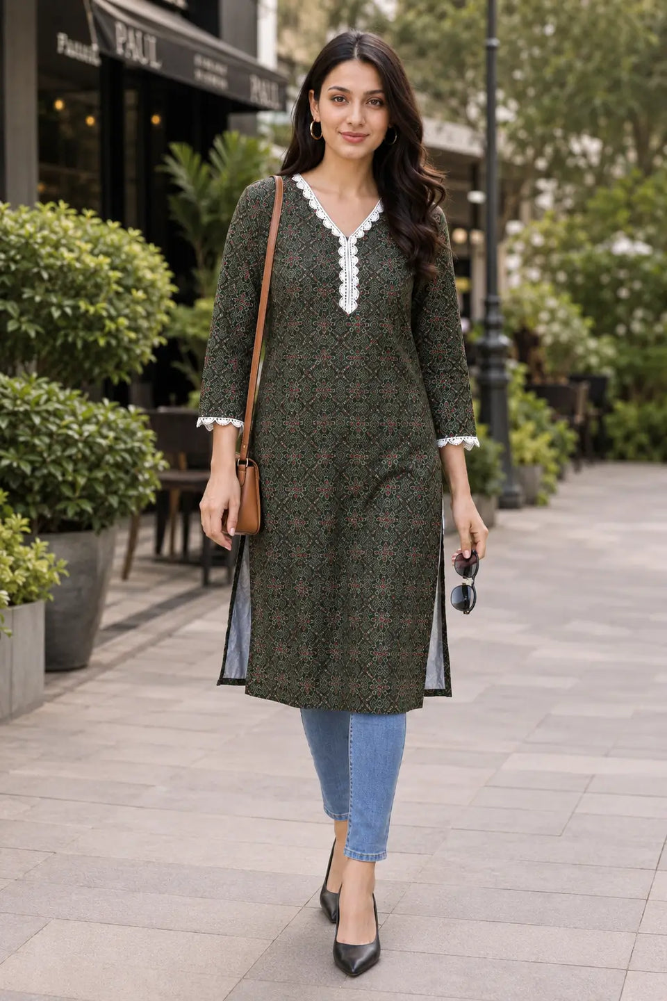 Rabric olive green cotton geometric floral printed casual long kurti for women with V-neck lace detailing styled with jeans