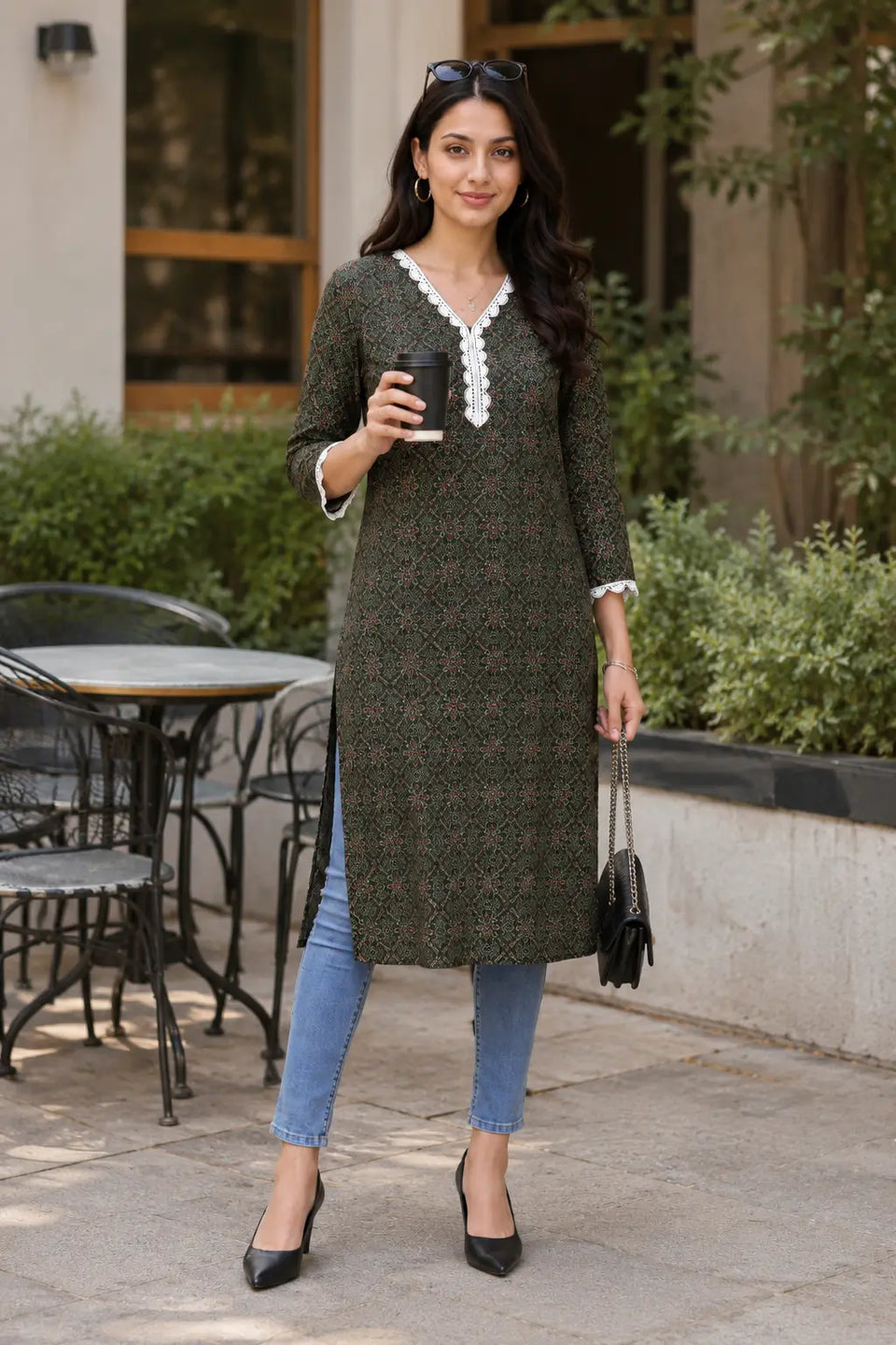 Rabric olive green cotton geometric floral printed daily wear V-neck kurti for women with white lace neckline and sleeve detailing