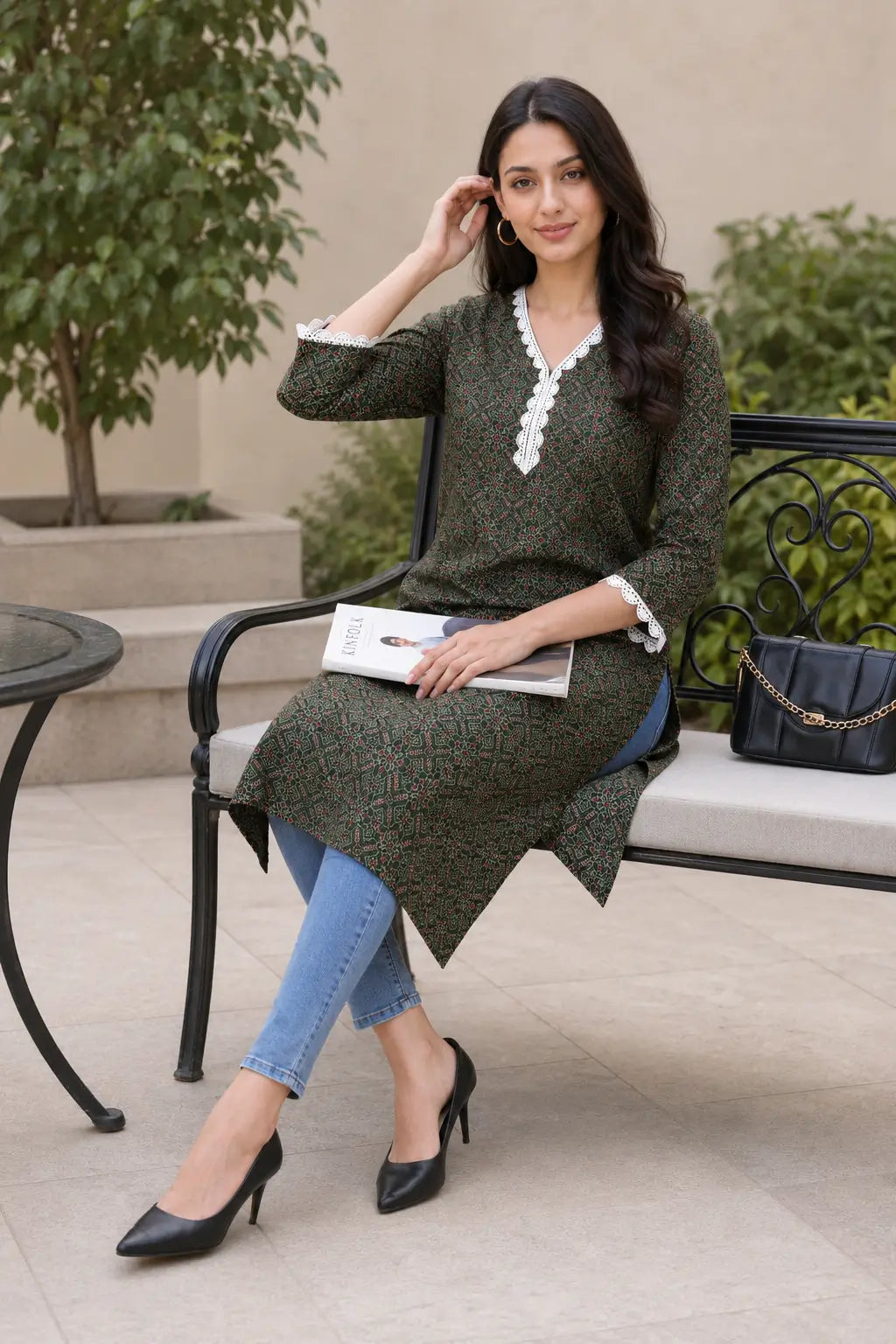 Rabric olive green cotton geometric floral printed long kurti for women styled with jeans for casual outing and everyday wear