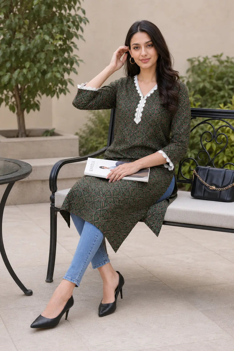 Rabric olive green cotton geometric floral printed long kurti for women styled with jeans for casual outing and everyday wear