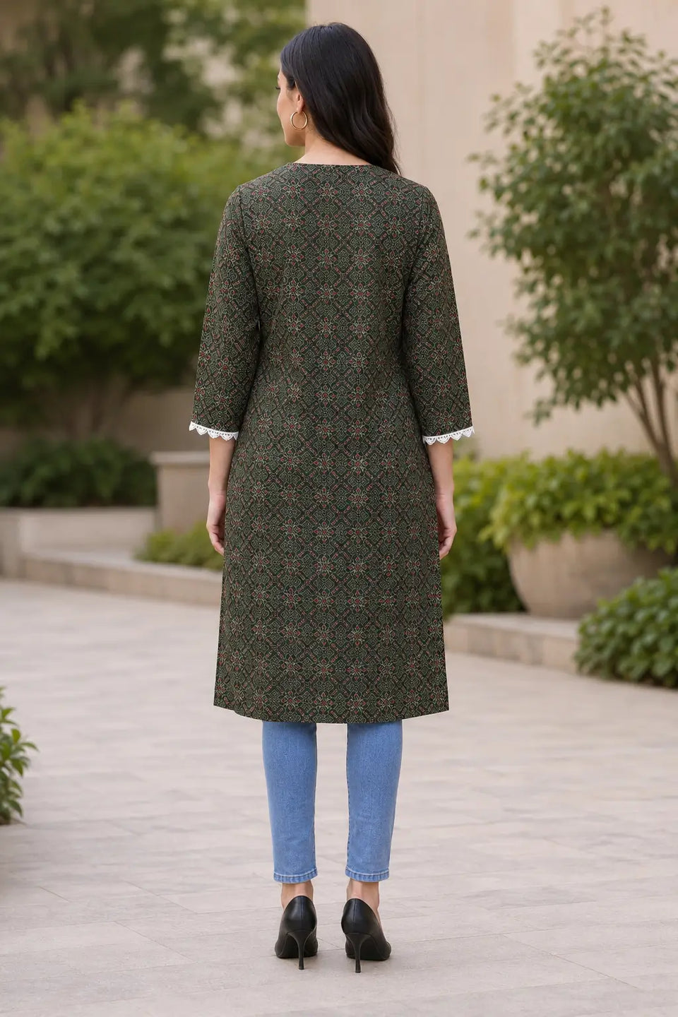 Rabric olive green cotton geometric floral printed straight long kurti for women with three-quarter sleeves, back view