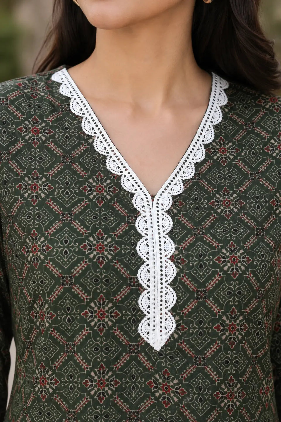 Rabric olive green cotton geometric floral printed kurti with V-neck white embroidered lace neck design close-up for women