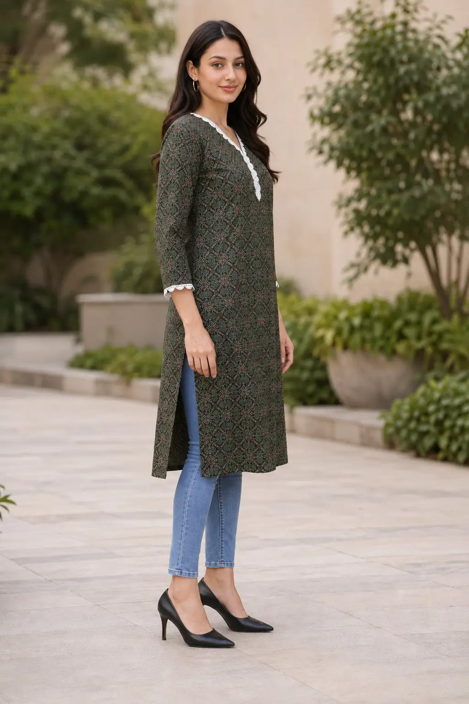 Rabric olive green cotton geometric floral printed V-neck straight kurti for women with side slit and three-quarter sleeves, side view