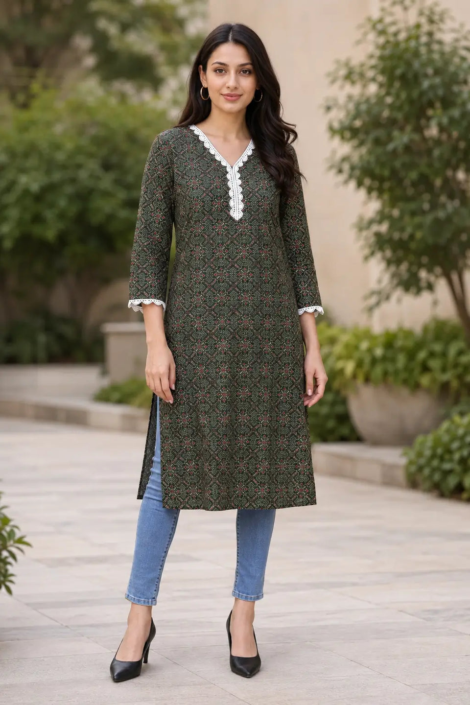 Rabric olive green cotton geometric floral printed V-neck long kurti for women with white embroidered lace neckline, front view