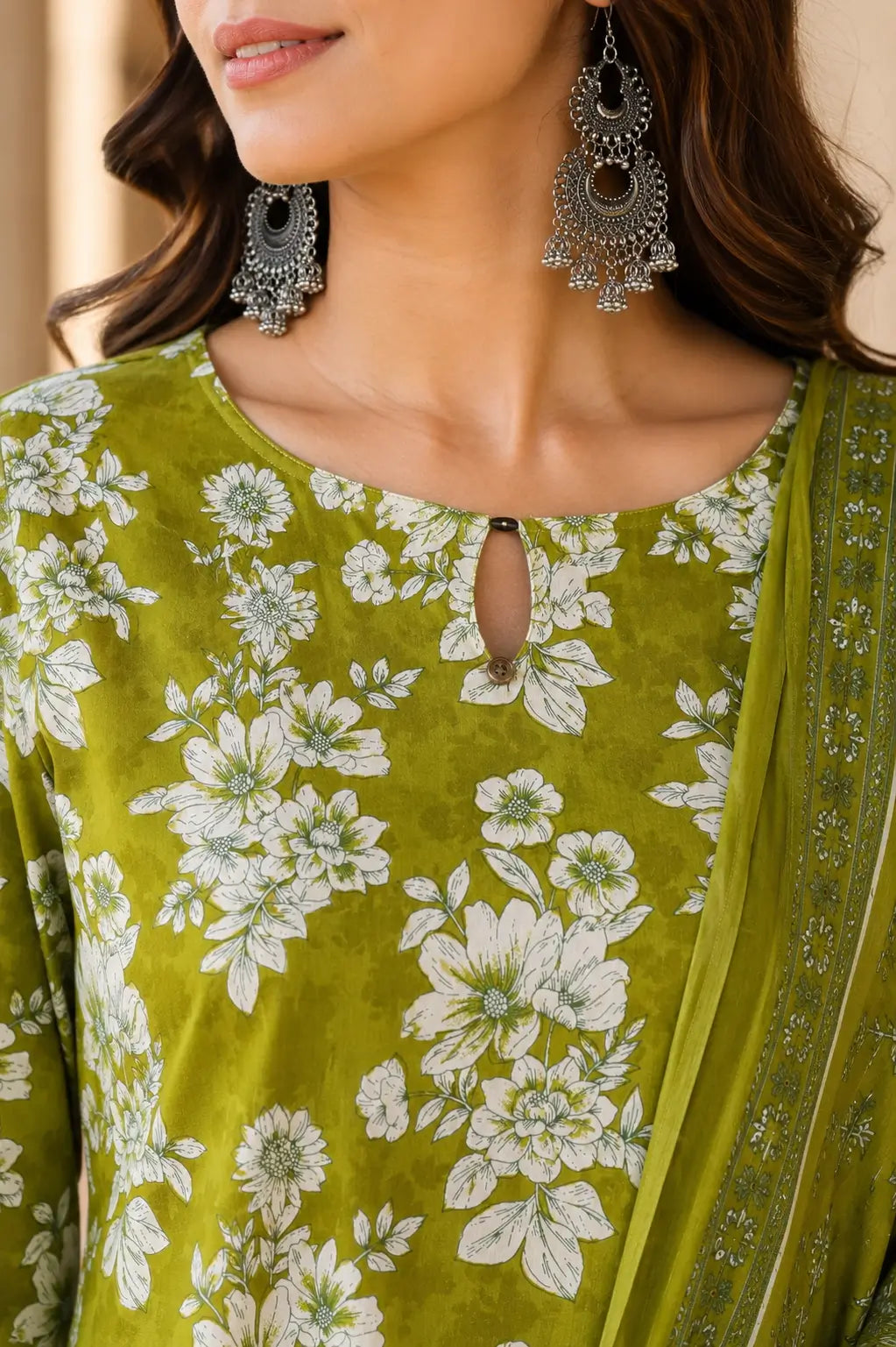 Closeup neck design of Rabric olive green cotton floral kurta for women ethnic fashion