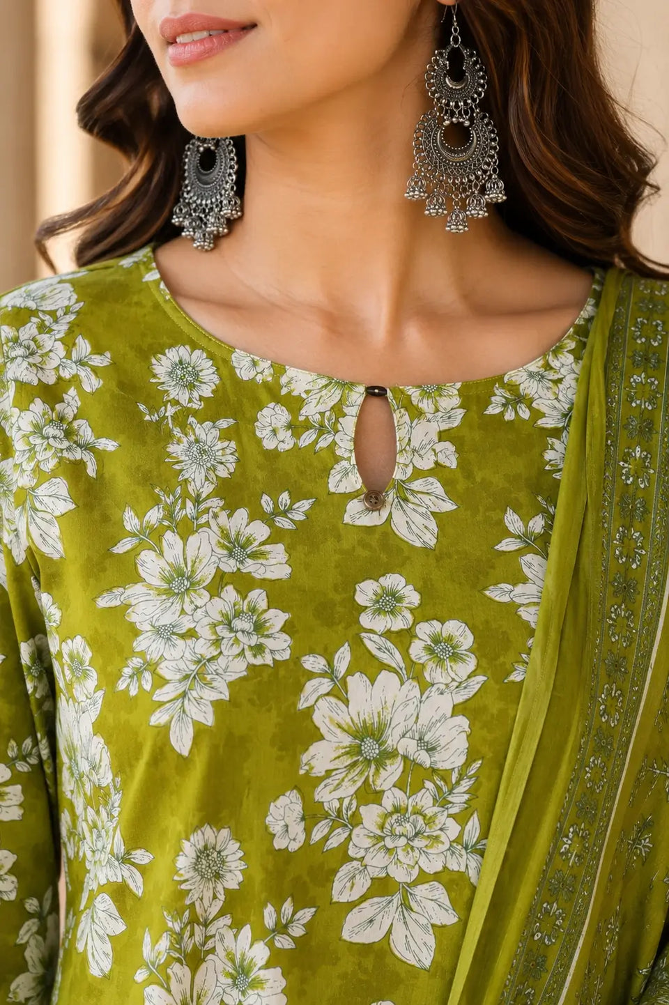 Closeup neck design of Rabric olive green cotton floral kurta for women ethnic fashion