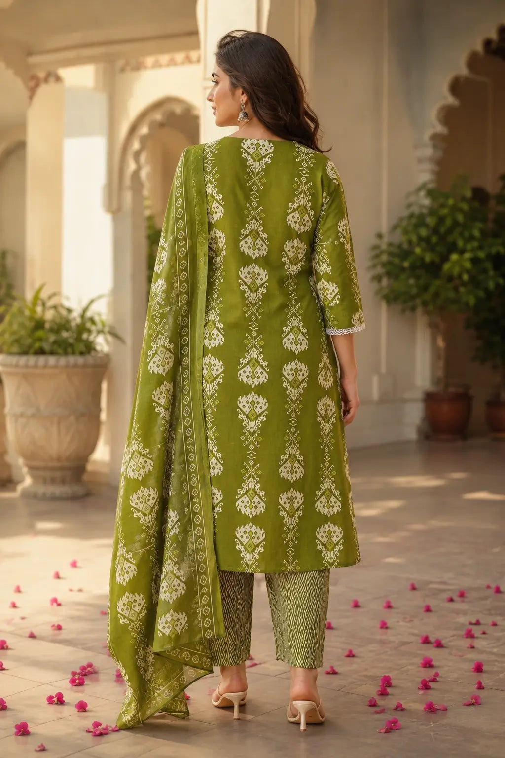 Rabric olive green cotton kurta pant set with dupatta back view, long kurta with white ethnic floral print and 3/4 sleeves