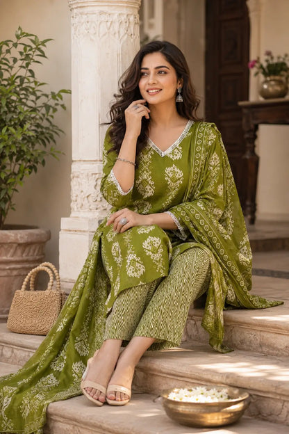 Rabric olive green cotton kurta pant set with dupatta, white floral print, lace V neck and stylish cotton bottom for daily and festive wear