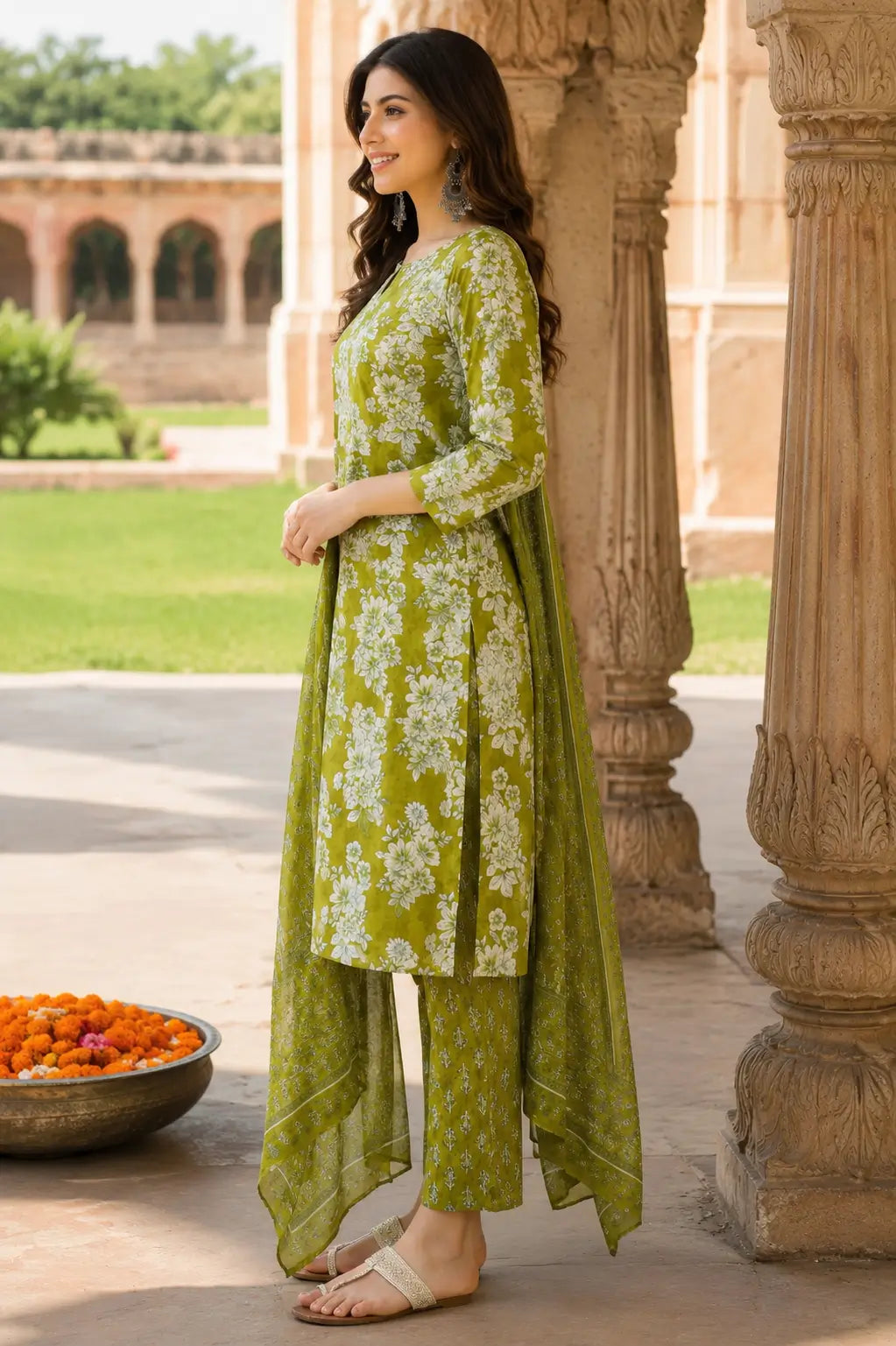 Side angle view of Rabric olive green cotton kurta pant set with dupatta for women