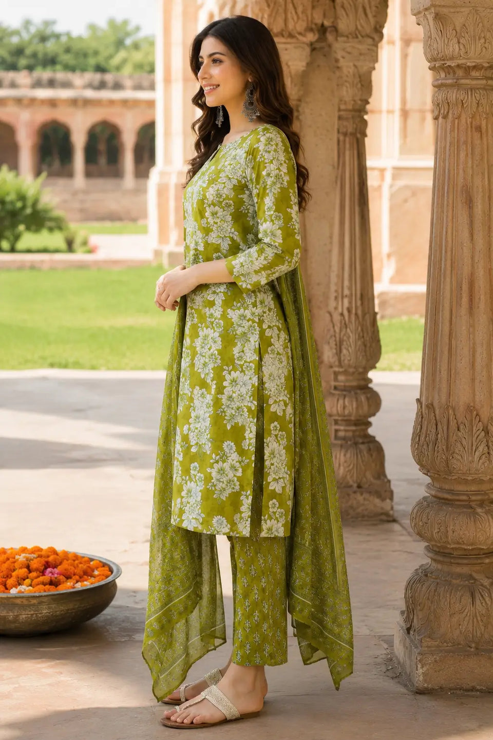 Side angle view of Rabric olive green cotton kurta pant set with dupatta for women