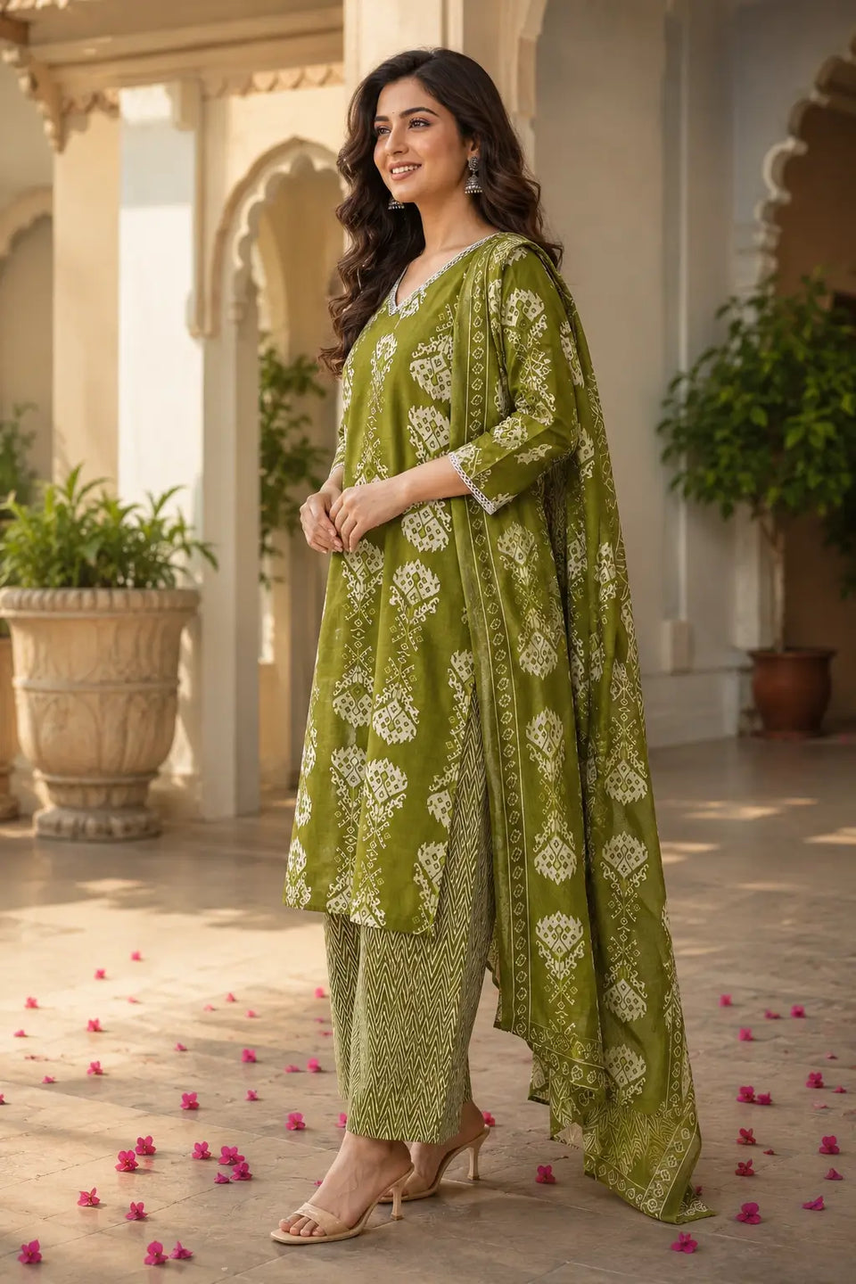Rabric olive green cotton kurta pant set side view with dupatta, stylish printed ethnic wear for women