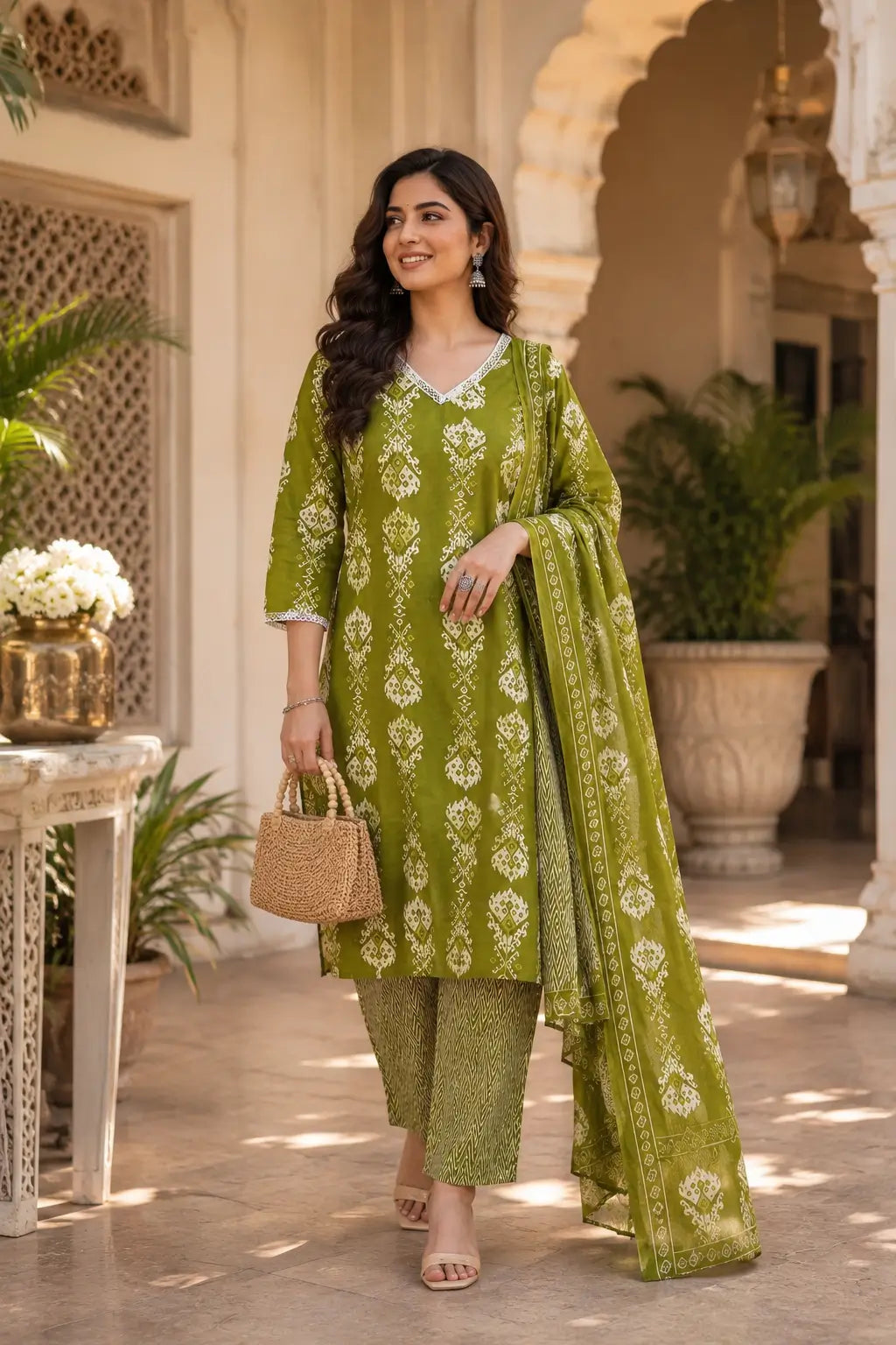 Rabric olive green cotton kurta pant set with dupatta sitting pose, casual ethnic wear with accessories
