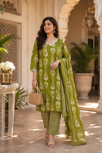 Rabric olive green cotton kurta pant set with dupatta sitting pose, casual ethnic wear with accessories