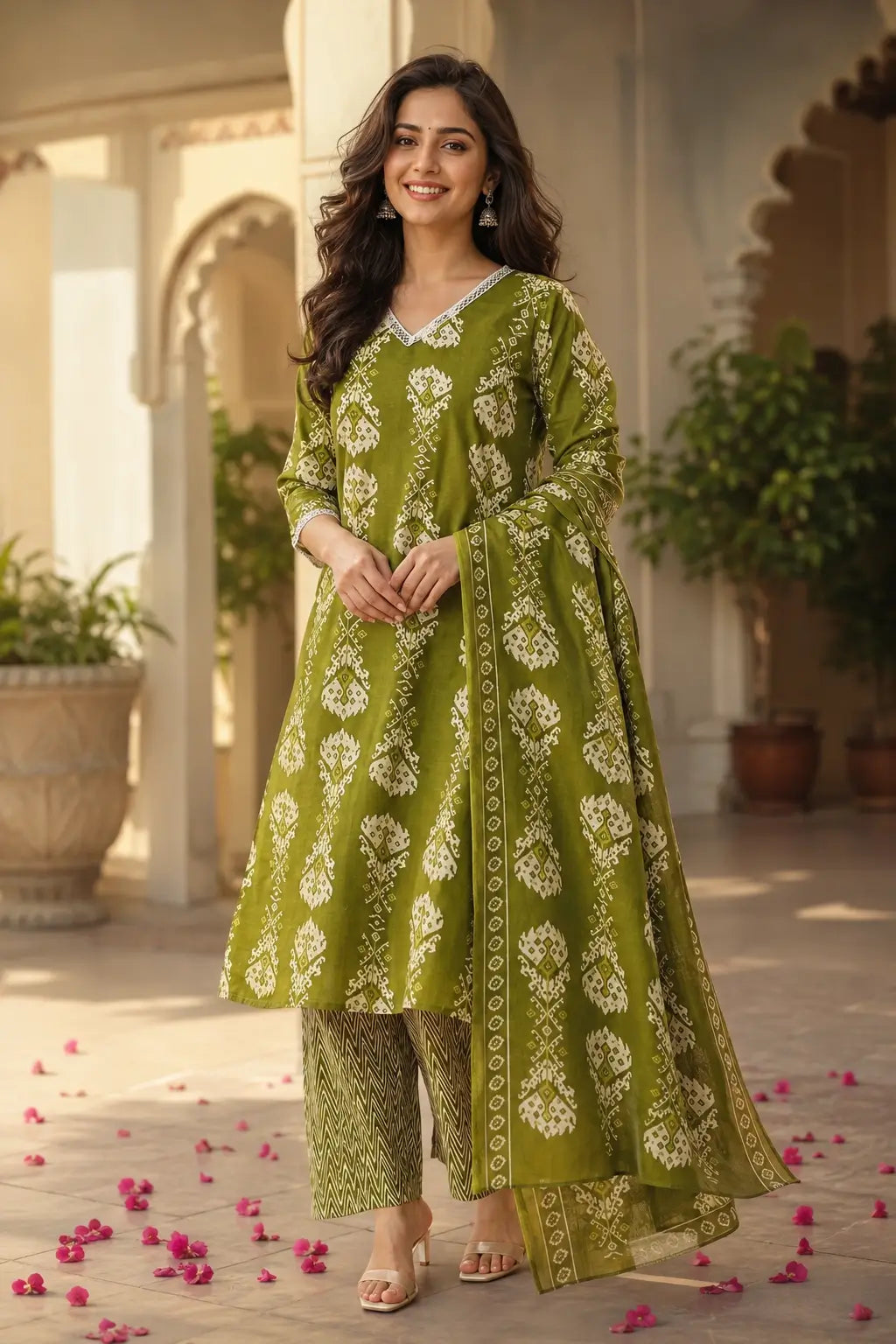 Rabric olive green cotton kurta pant set with dupatta front view, ethnic white floral print, V neck lace design and 3/4 sleeves