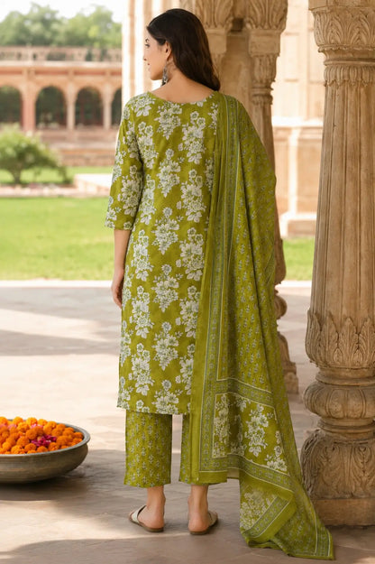 Back side view of Rabric olive green cotton floral printed kurta pant set with dupatta
