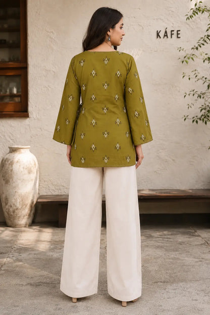 Rabric olive green cotton printed hip length short top for women with full belly sleeves and clean back design