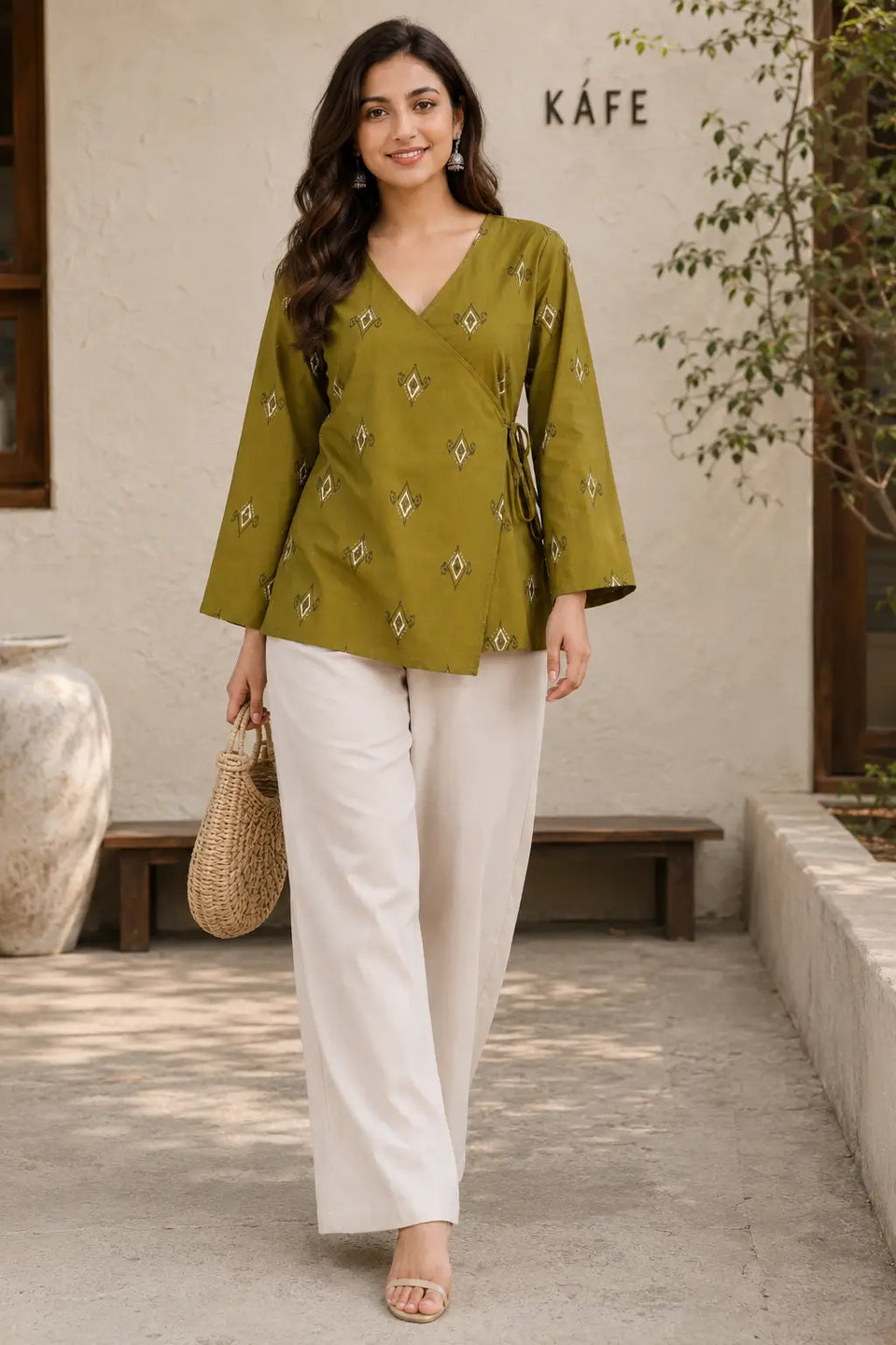Rabric olive green cotton printed hip length short top for women styled in casual walking look with stylish bottom