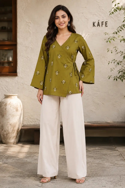 Rabric olive green cotton printed wrap short top for women with V neck, side dori tie and full belly sleeves front view