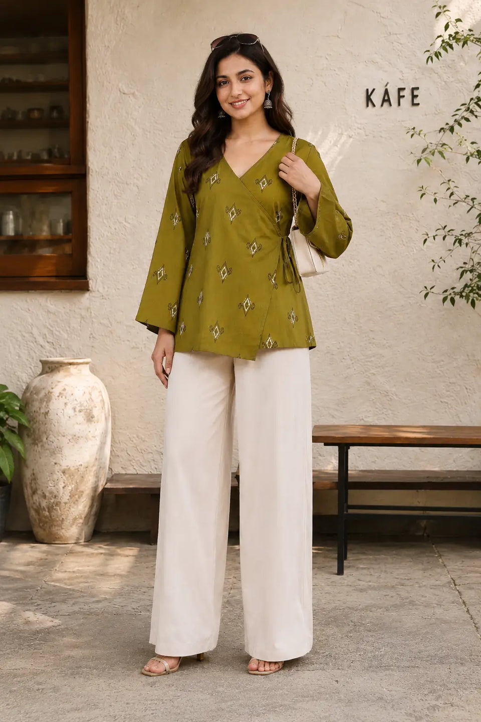 Rabric olive green cotton printed wrap short top styled with off white wide leg pants for casual women lifestyle look