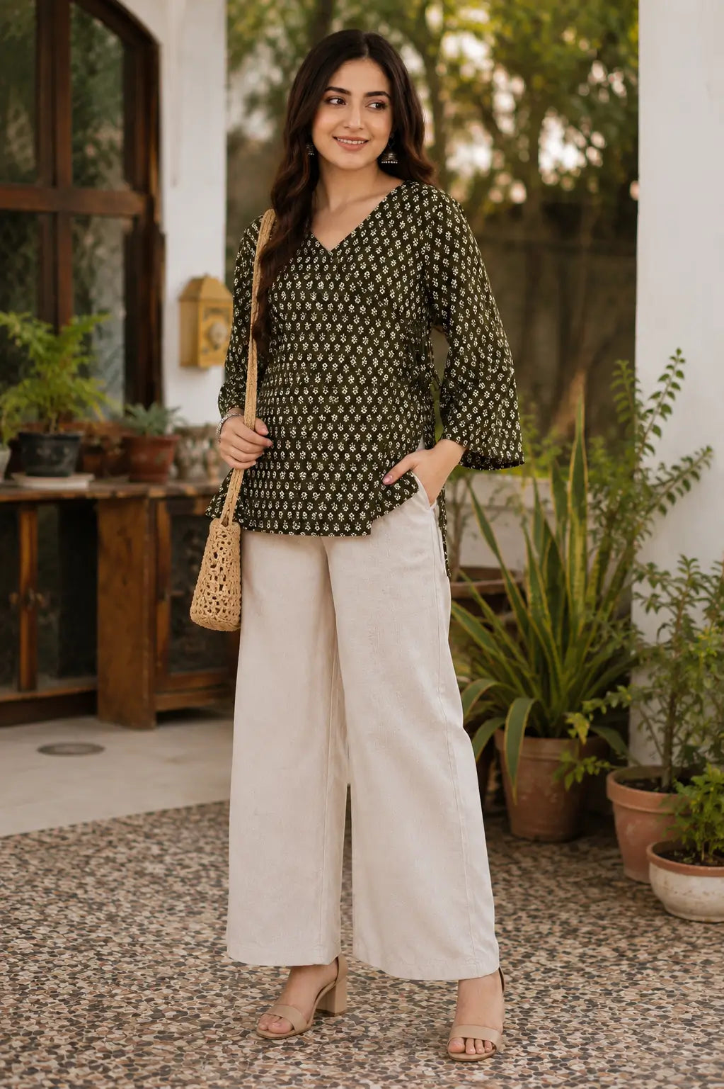 Rabric olive green Cotton floral printed short top styled with cream palazzo, jhumka earrings and casual accessories for women.