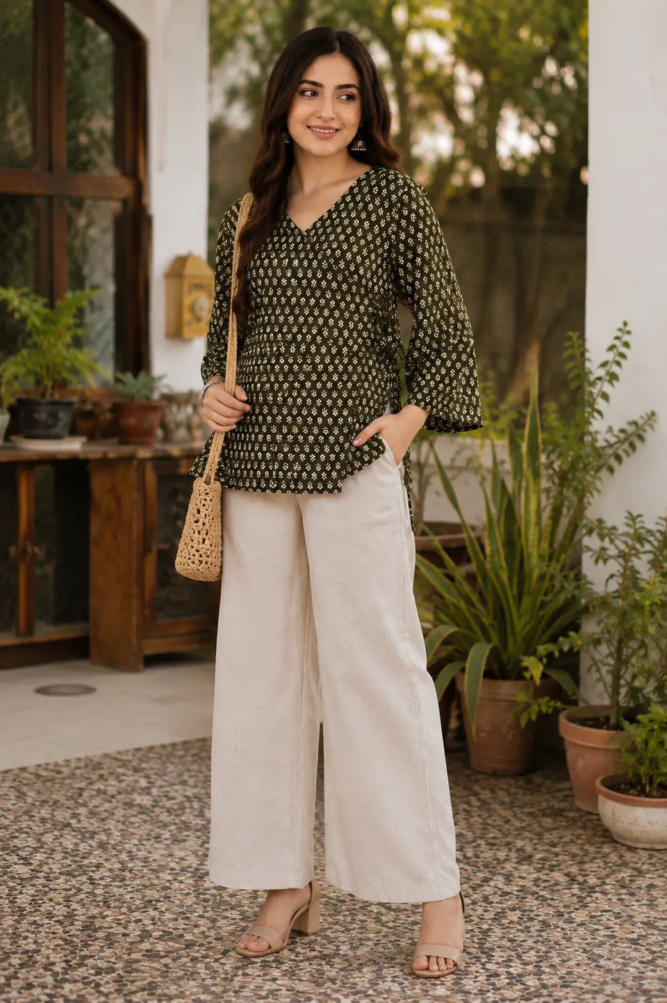 Rabric olive green Cotton floral printed short top styled with cream palazzo, jhumka earrings and casual accessories for women.