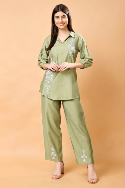Rabric Olive Green Embroidered Co-ord Set Front View
