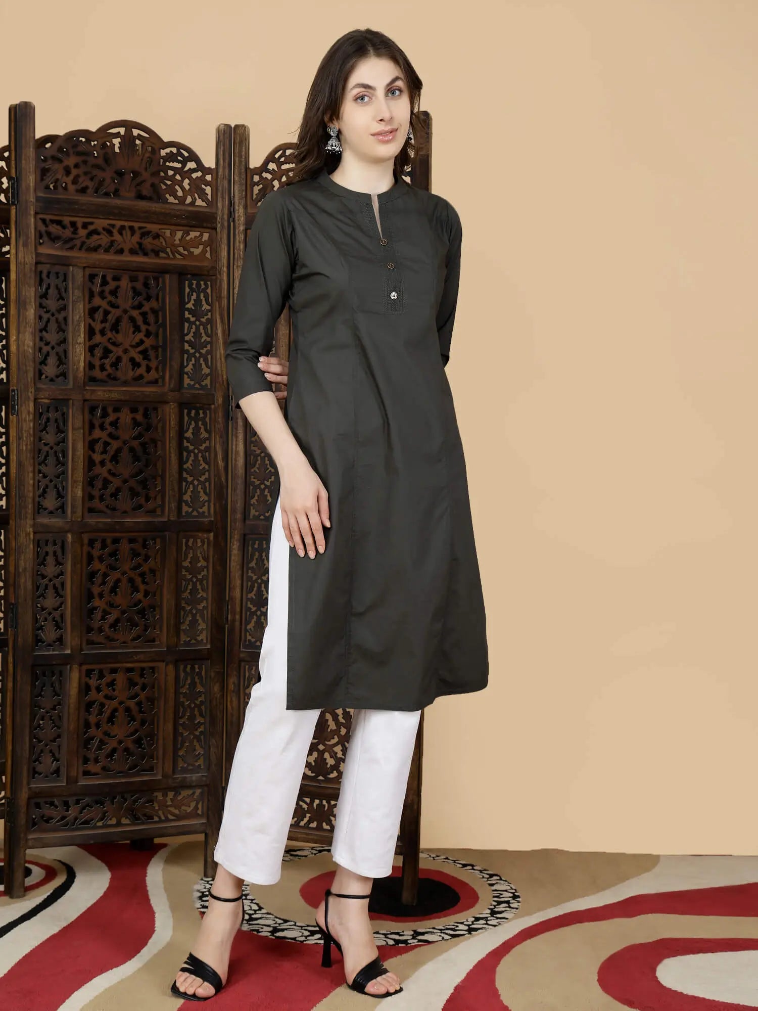 Side view of Olive Green Poplin Cotton Kurti by Rabric