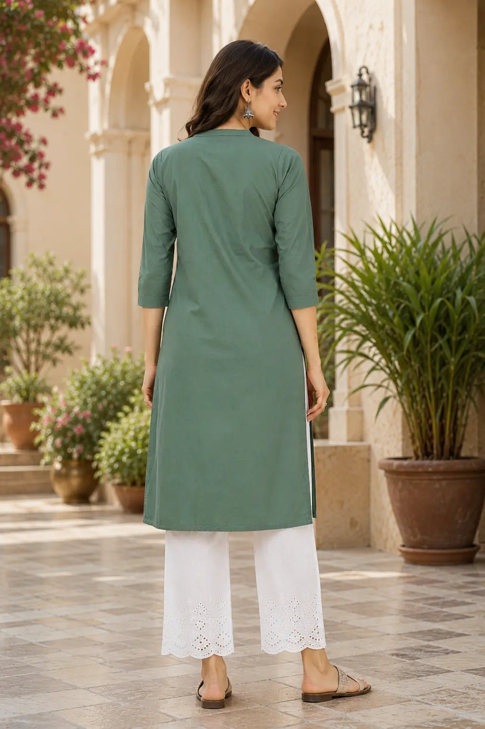 Back side view of Rabric olive green popline cotton women kurti with straight fit and 3/4 sleeves