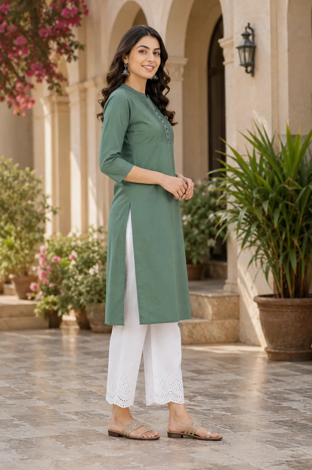 Side angle of olive green popline cotton straight kurti for women with side slit and elegant ethnic styling