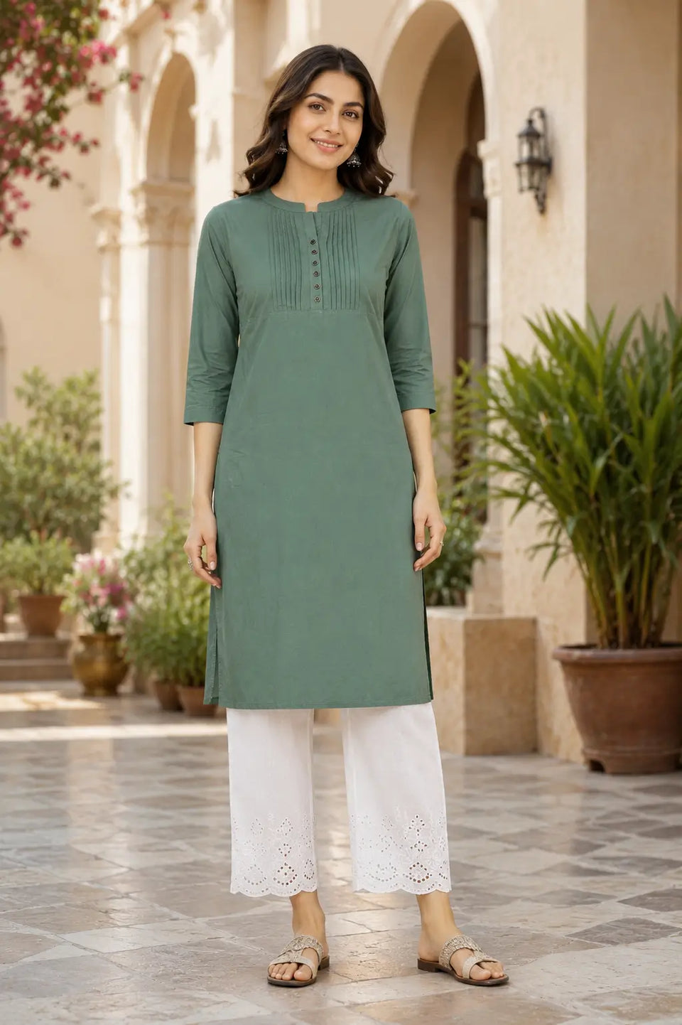 Rabric olive green popline cotton women kurti front view with stylish neck design and 3/4 sleeves for casual ethnic wear