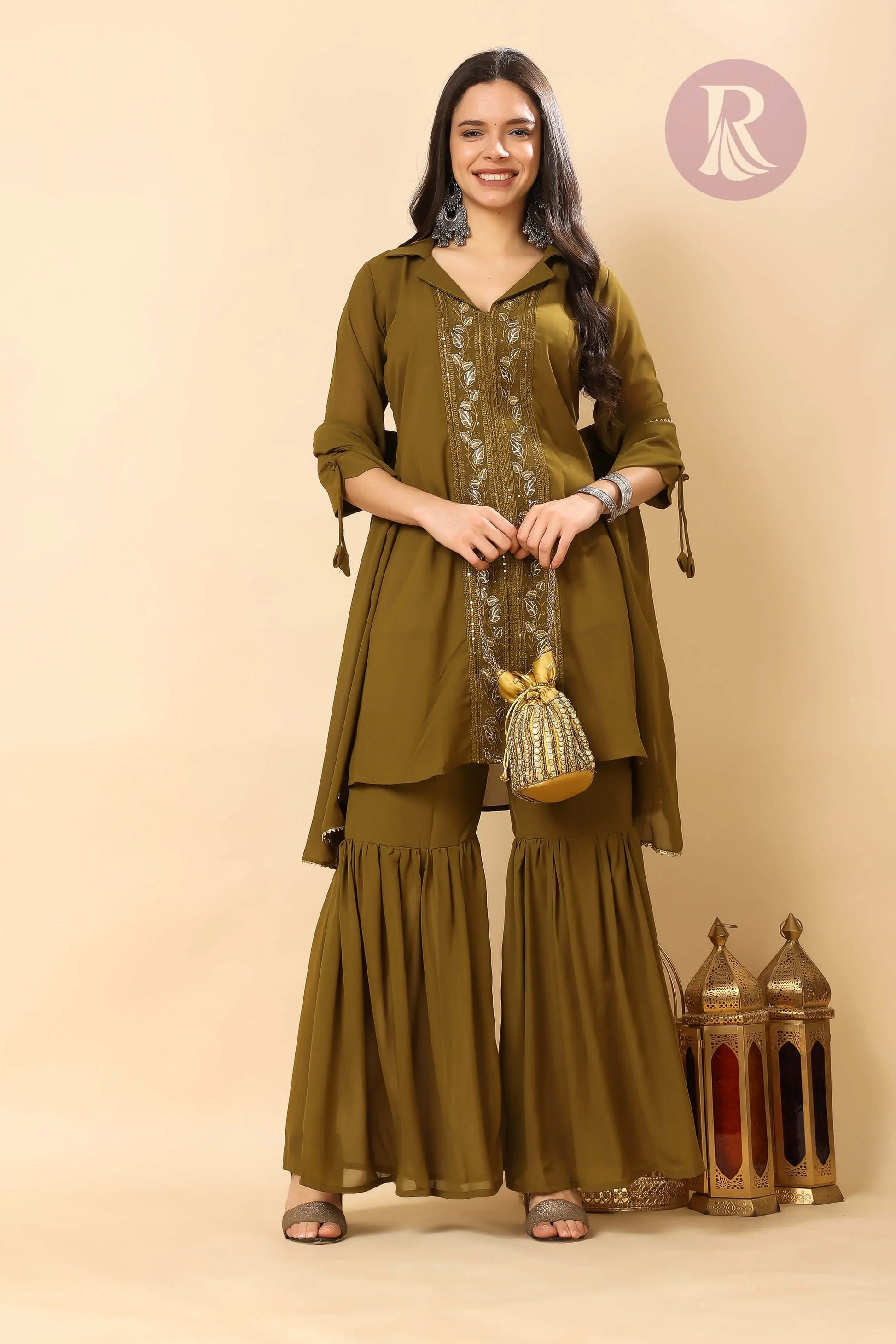 Olive green sharara kurti set for women by RABRIC