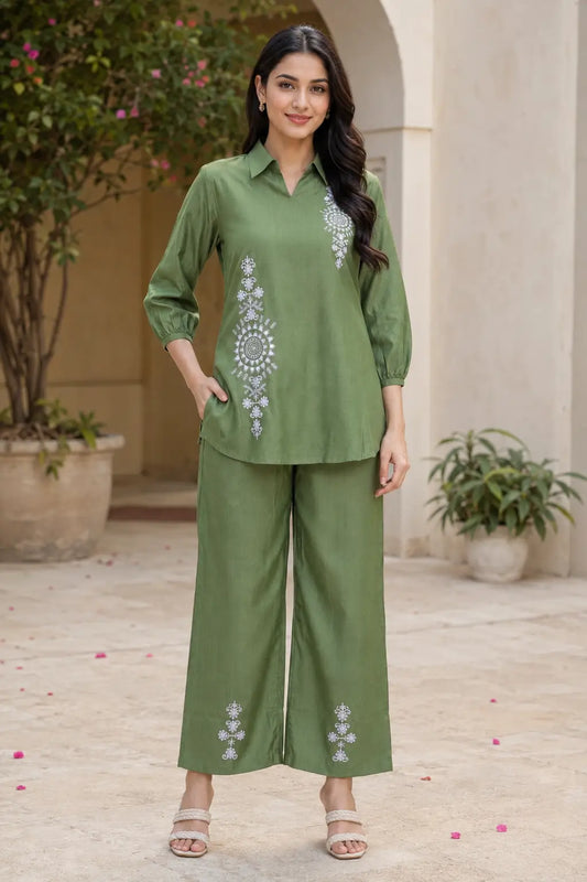 Rabric olive green Vertican Silk co-ord set for women with short collar neck kurti, white floral mandala embroidery and wide pajama front view