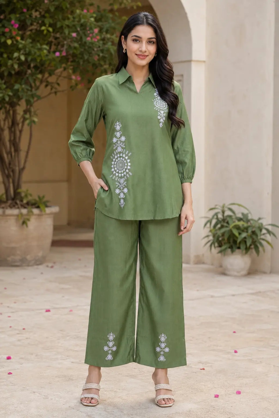 Rabric olive green Vertican Silk co-ord set for women with short collar neck kurti, white floral mandala embroidery and wide pajama front view