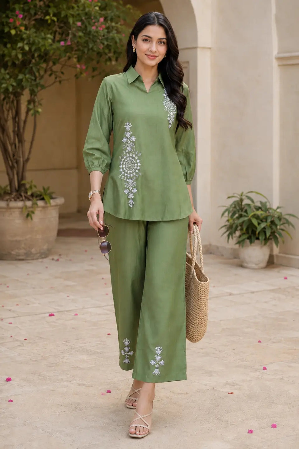 Olive green Vertican Silk embroidered co-ord set by Rabric featuring short kurti, white floral embroidery and wide pajama in outdoor casual look