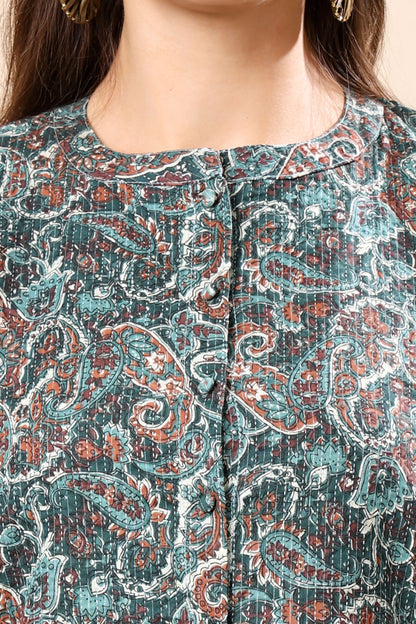 Close-up of paisley print premium women’s short top