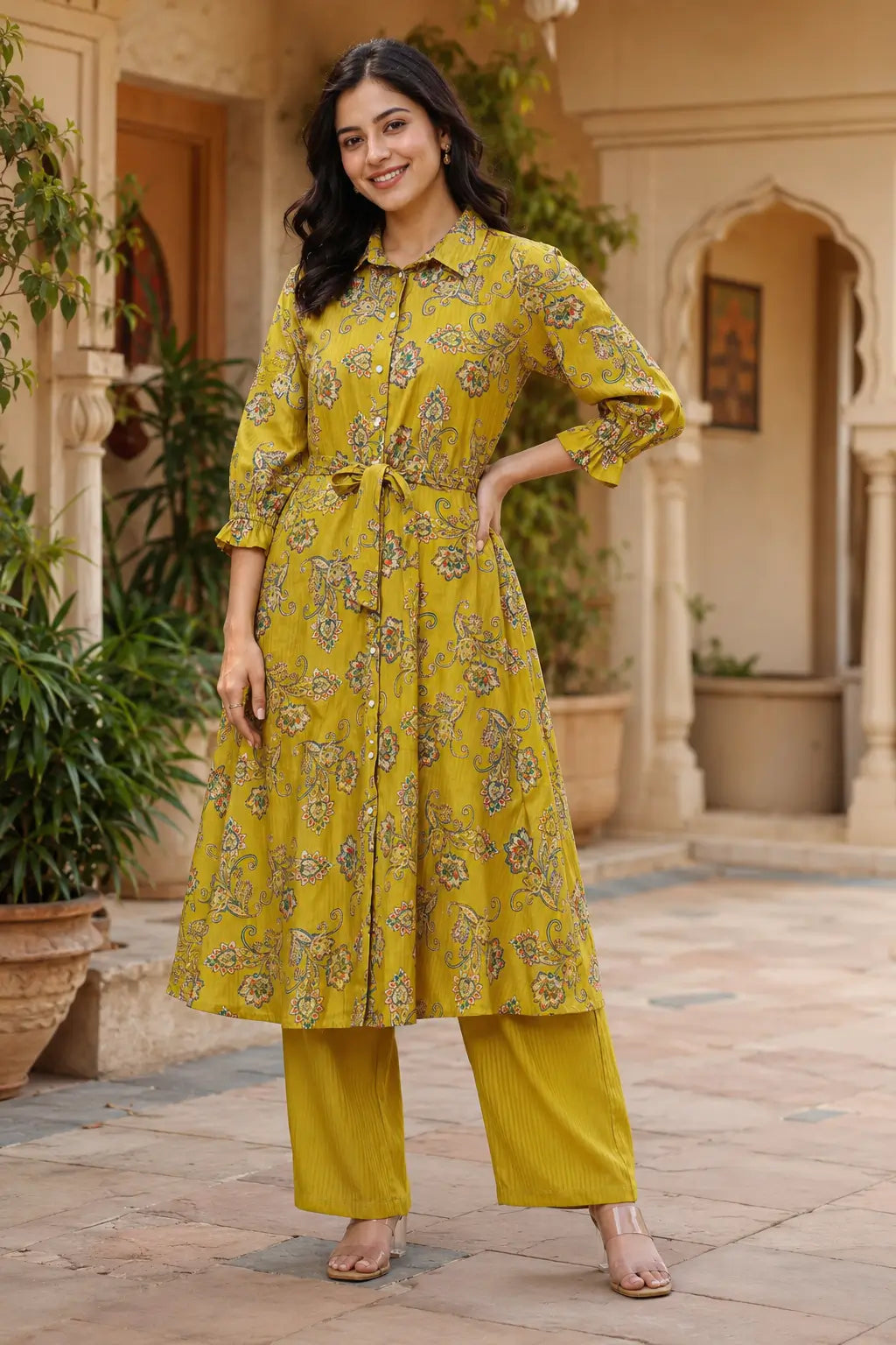 Rabric parrot green Vertican Silk co-ord set front view for women