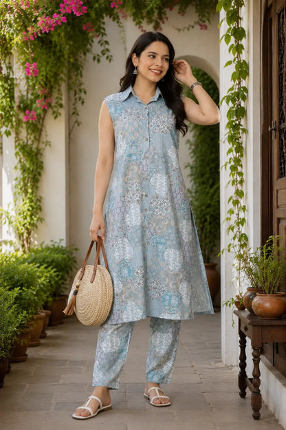 RABRIC pastel blue ethnic coord set for women styled with casual summer accessories