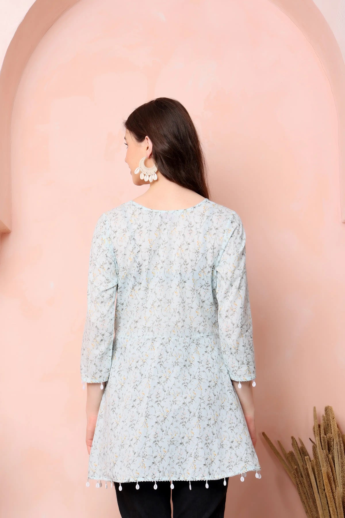 RABRIC pastel blue pure cotton floral flared short kurti for women back view