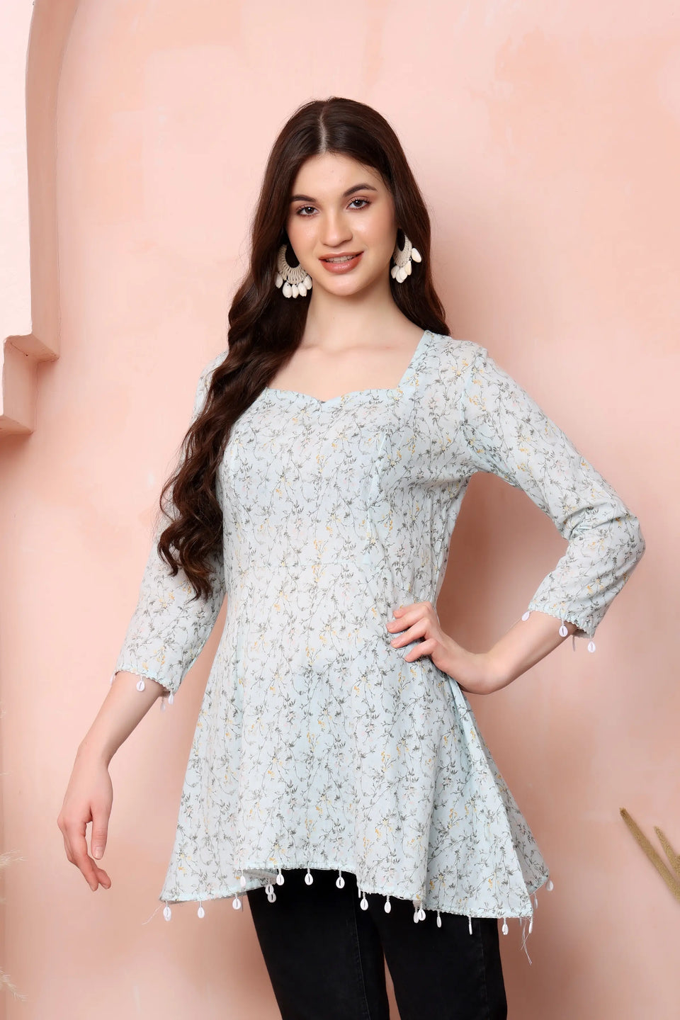 RABRIC pastel blue pure cotton short kurti side view showing floral print and 3/4 sleeve detailing