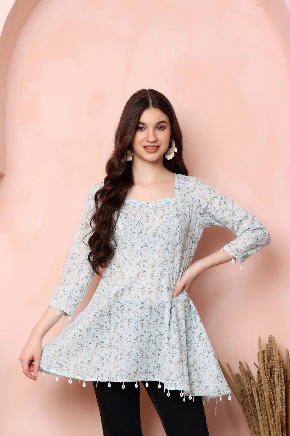 RABRIC pastel blue pure cotton floral short kurti for women styled for a casual everyday look
