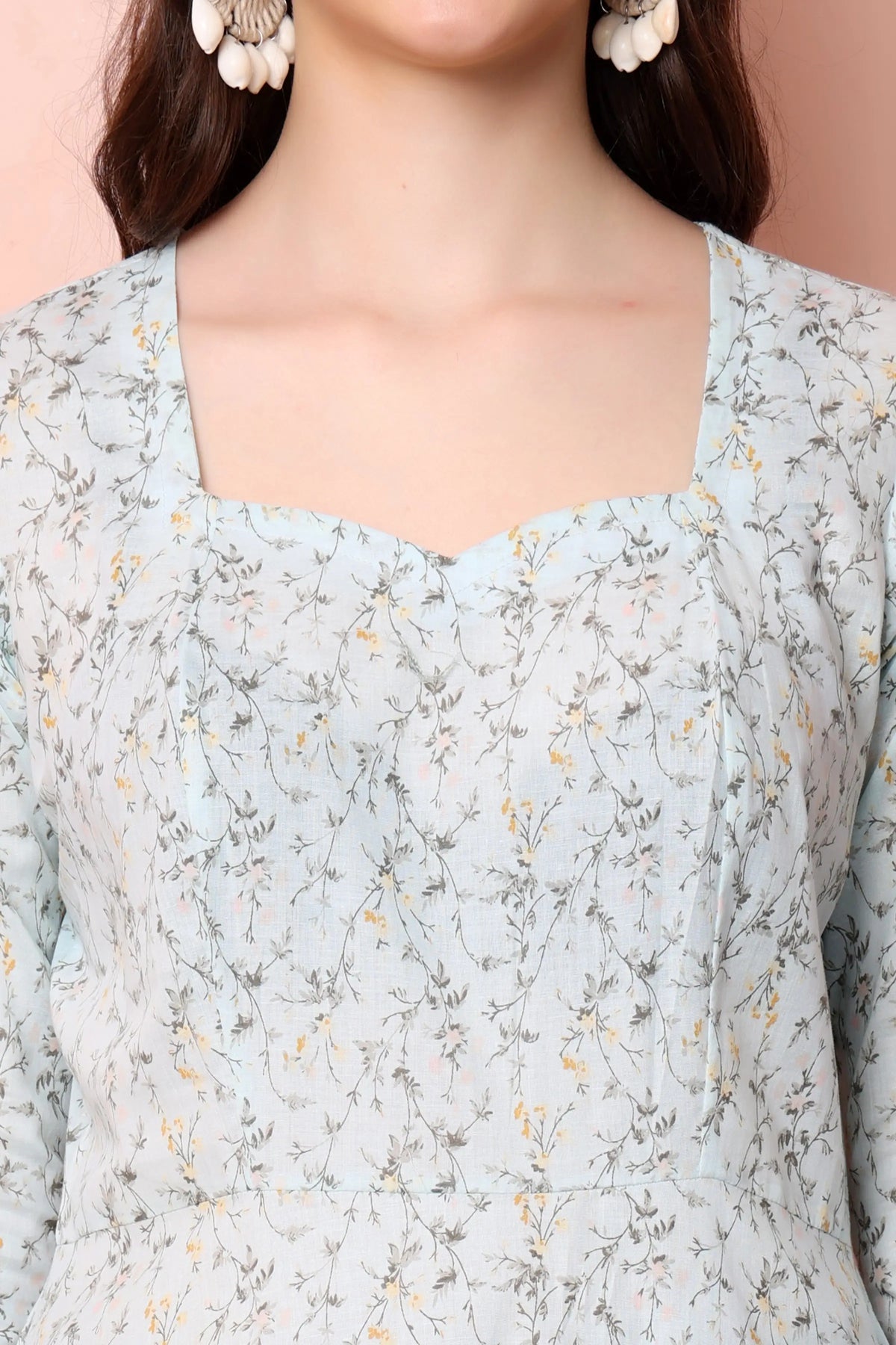 RABRIC pastel blue pure cotton floral short kurti close-up showing square neckline and floral print