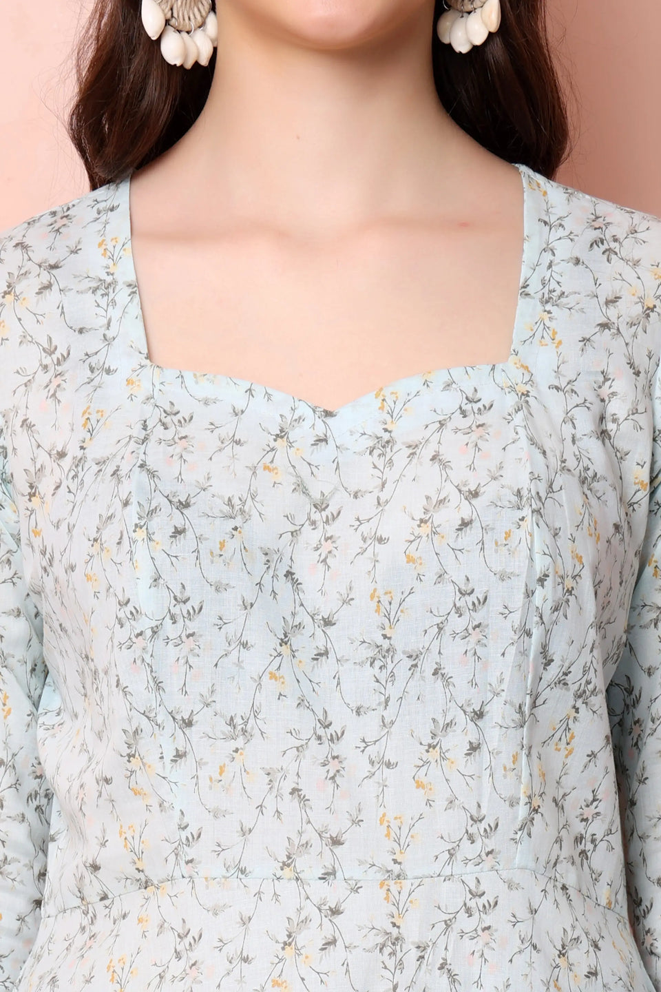 RABRIC pastel blue pure cotton floral short kurti close-up showing square neckline and floral print
