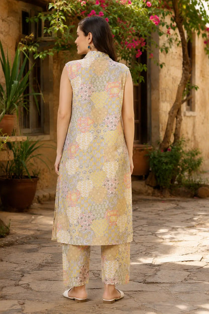 Back view of RABRIC pastel printed women co-ord set with sleeveless long kurta and straight pants