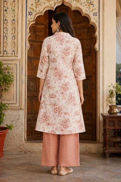 Back view of RABRIC pastel floral cotton kurta set for women with relaxed fit and breathable cotton fabric