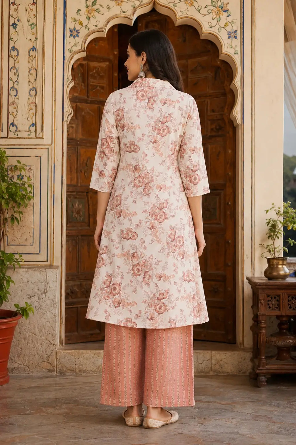 Back view of RABRIC pastel floral cotton kurta set for women with relaxed fit and breathable cotton fabric