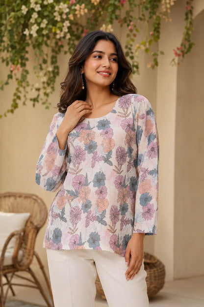 RABRIC pastel floral printed women’s top with long sleeves and relaxed fit front view